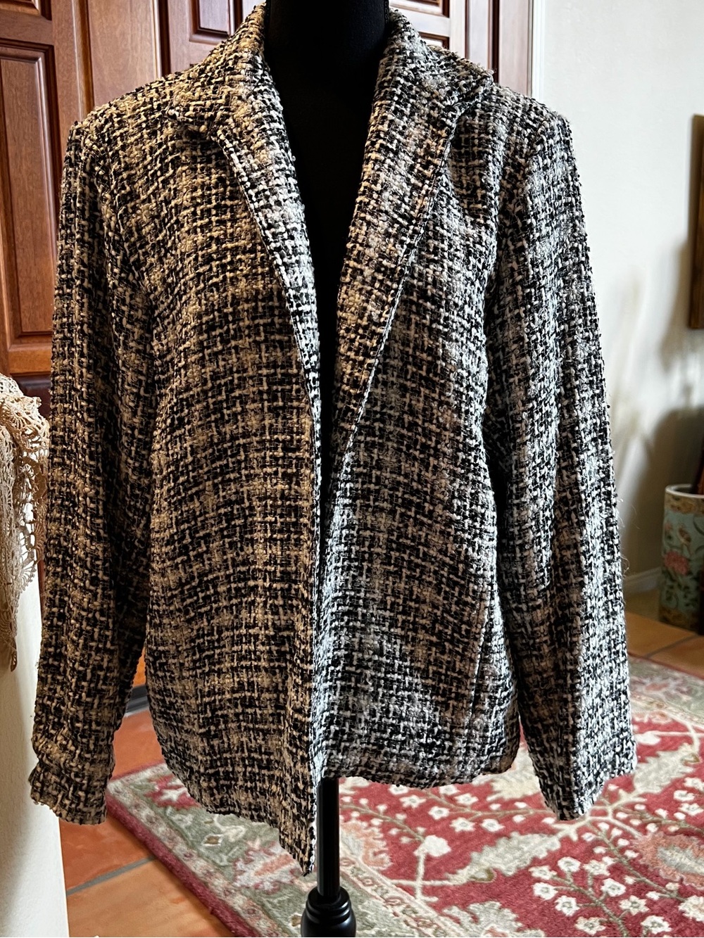 CHICO'S Women's Black White Gray Tweed Open Front Jacket Blazer Size 2 Med